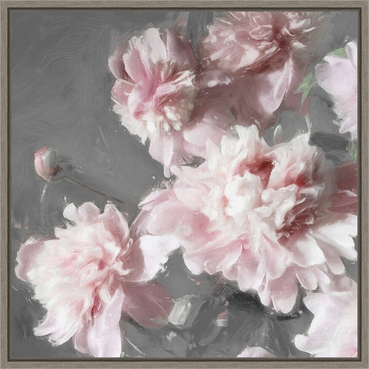 Pink Peonies on Gray II by Shawna Sullivan 16-in. W x 16-in. H. Canvas Wall Art Print Framed in Grey